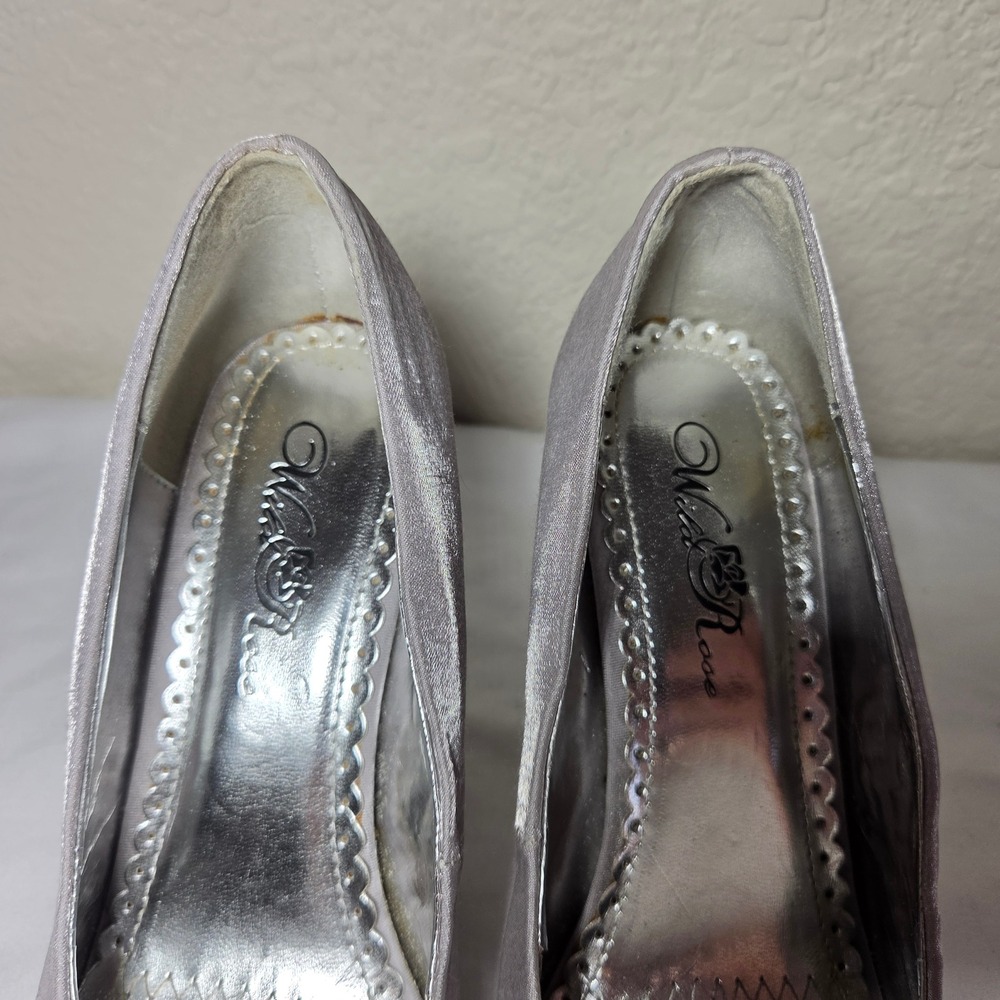 Wild Rose Silver Satin Pointed Toe Pumps Rhinestone Bow Stiletto Heels W-6.5 - Picture 3 of 10